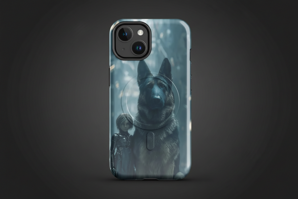 Phone case with a dog and person design on a dark background
